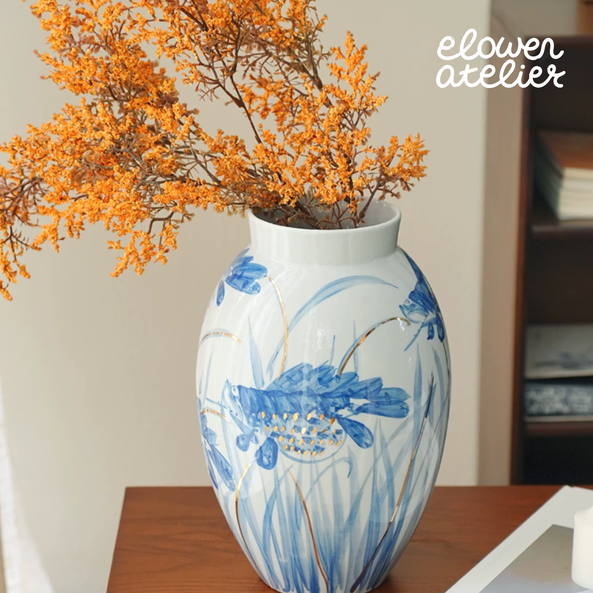 Koi Garden Blue and White Ceramic Vase
