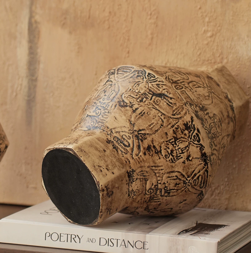 Carved Vintage Wabi Sabi Ceramic Vessel