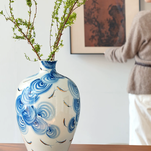 Auspicious Fish Blue and White Porcelain Vase