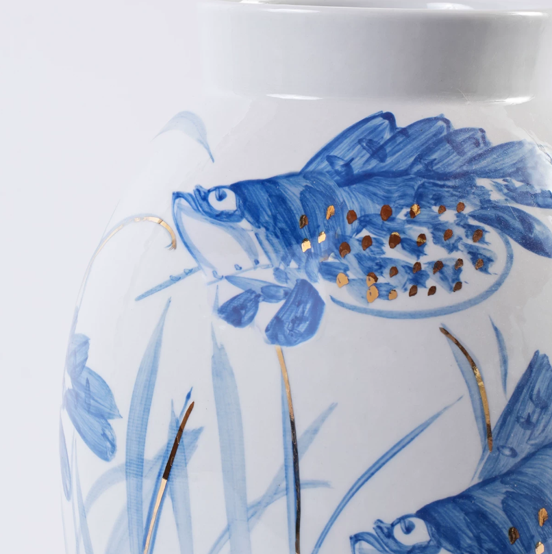 Koi Garden Blue and White Ceramic Vase