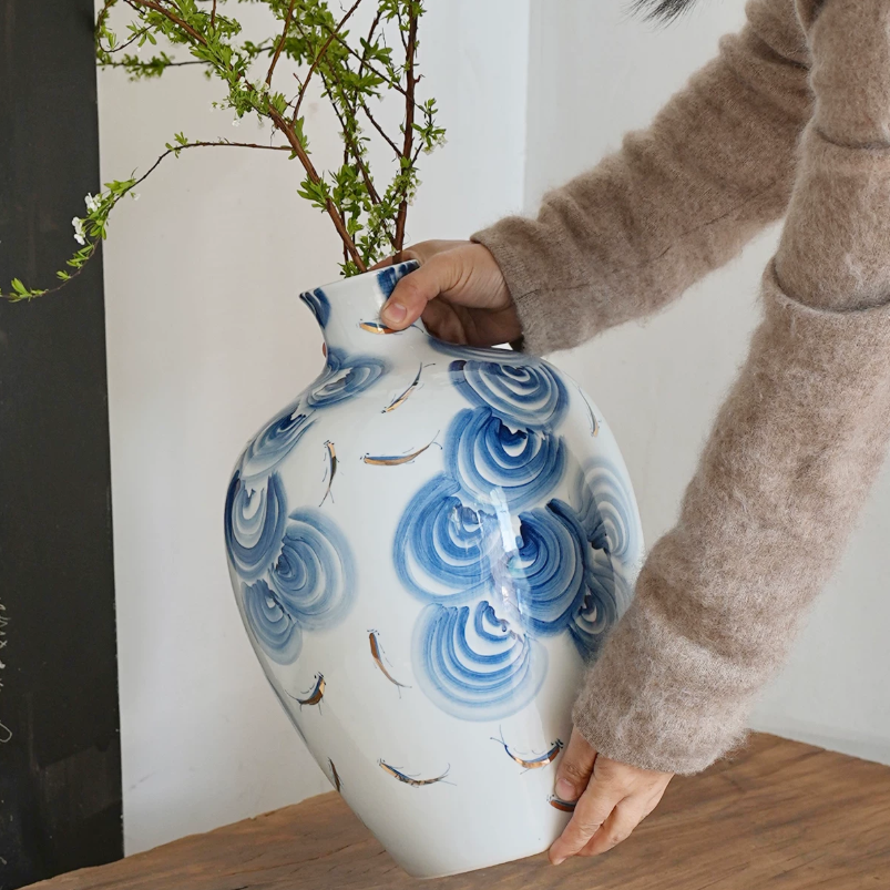 Auspicious Fish Blue and White Porcelain Vase